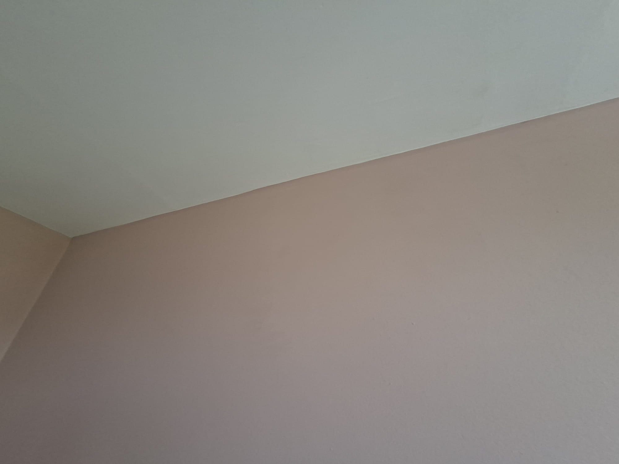 Detail čistě vytažené hrany mezi bílým stropem a pudrovou stěnou